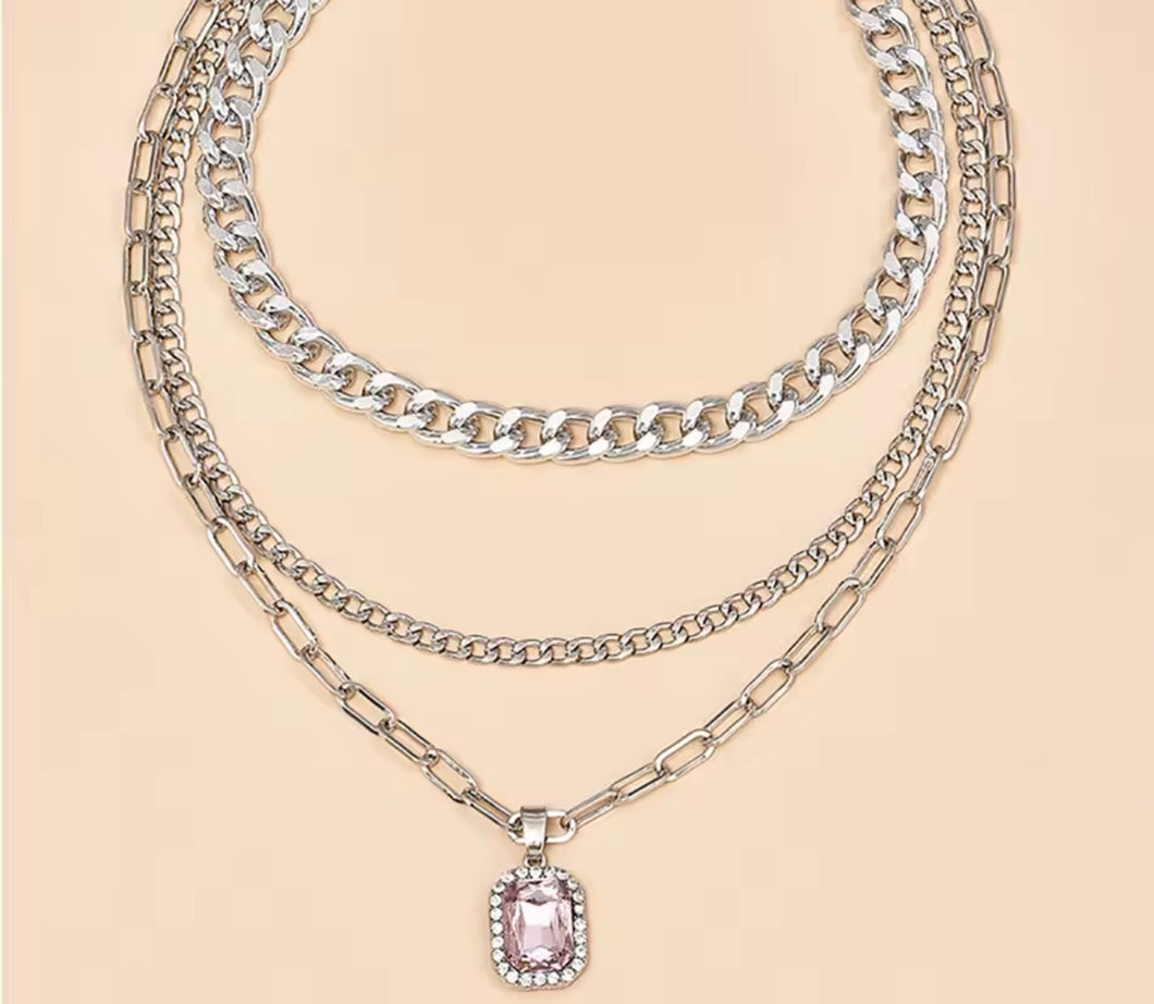 Silver and Pink Pendant Necklace