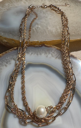 Layered Gold Chain Pearl Accent Necklace